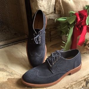 Trask mens blue suede wing tips. Never worn as I need a wide shoe. Paid $200.